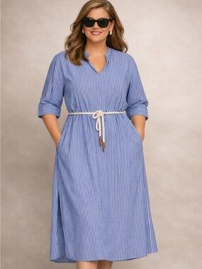 Banana Republic Maya Prep V-neck Blue & White Striped Midi Dress with Rope Belt